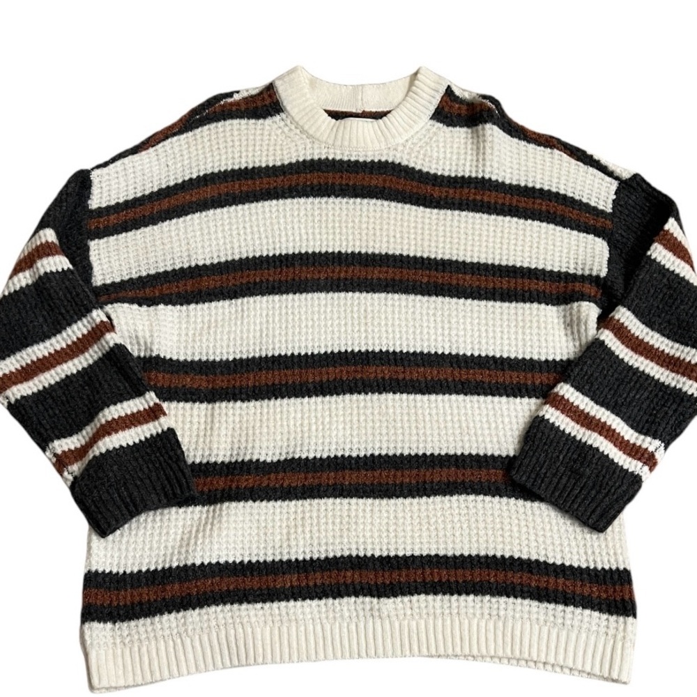 American Eagle Women’s Sweater Size S. Cream, Dark Gray and Brown stripe color.